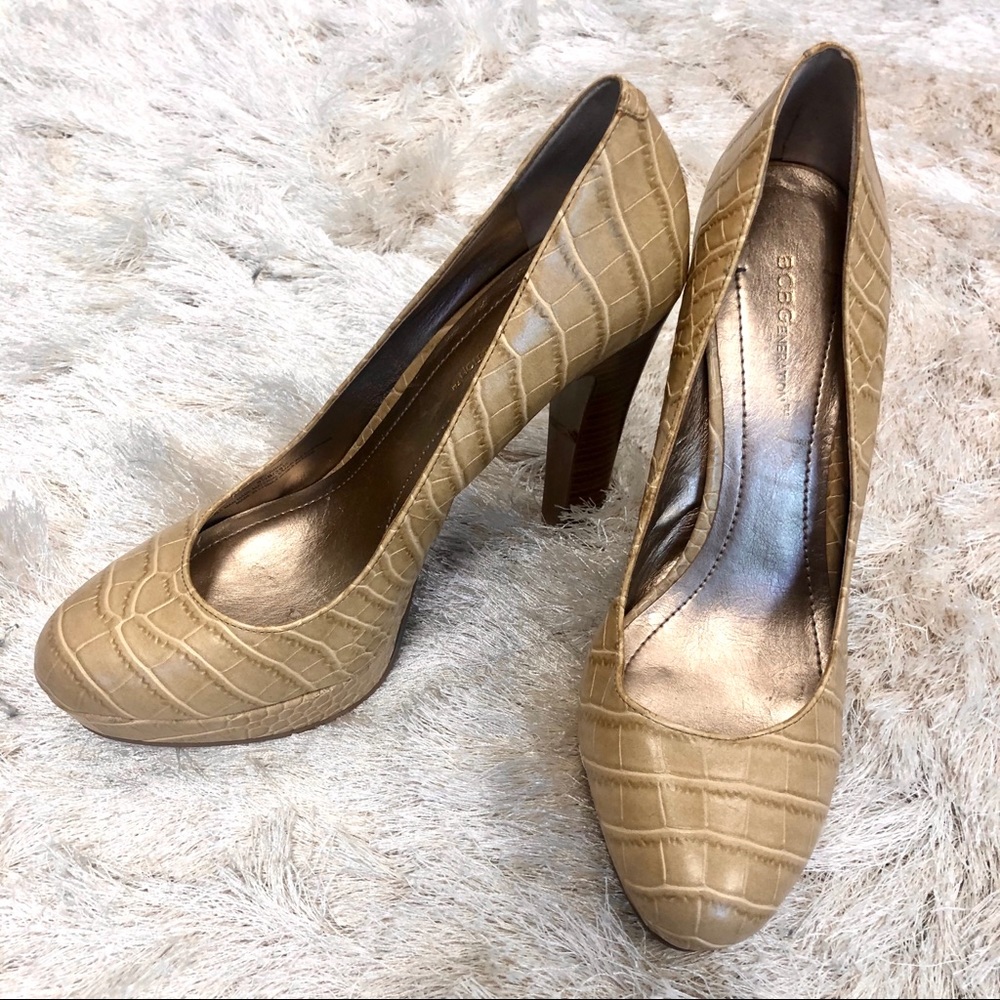 BCBGeneration Tan Snake Print Wood Heels